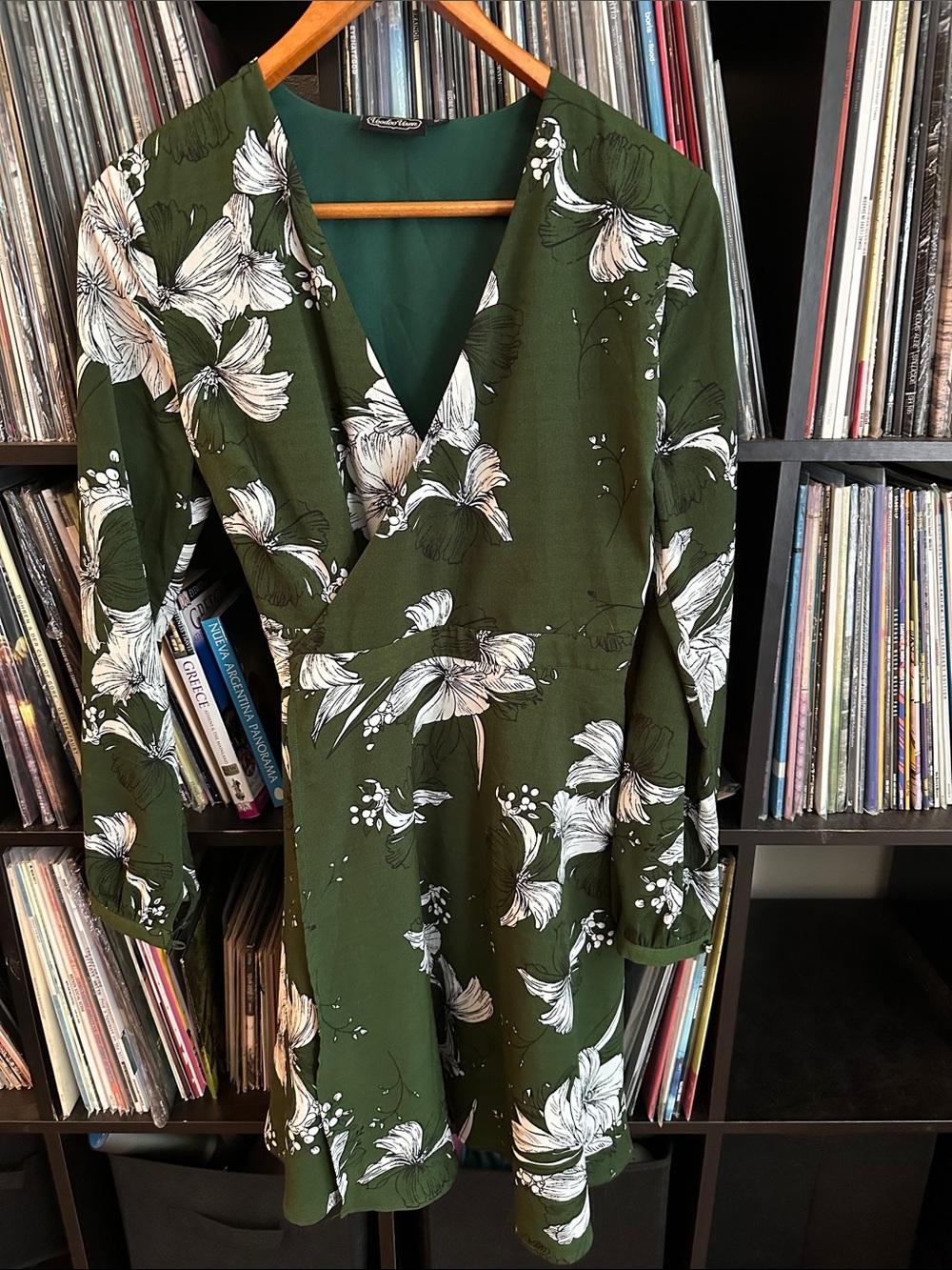 Voodoo Vixen Olive Green Floral Wrap-Style Long Sleeve Dress